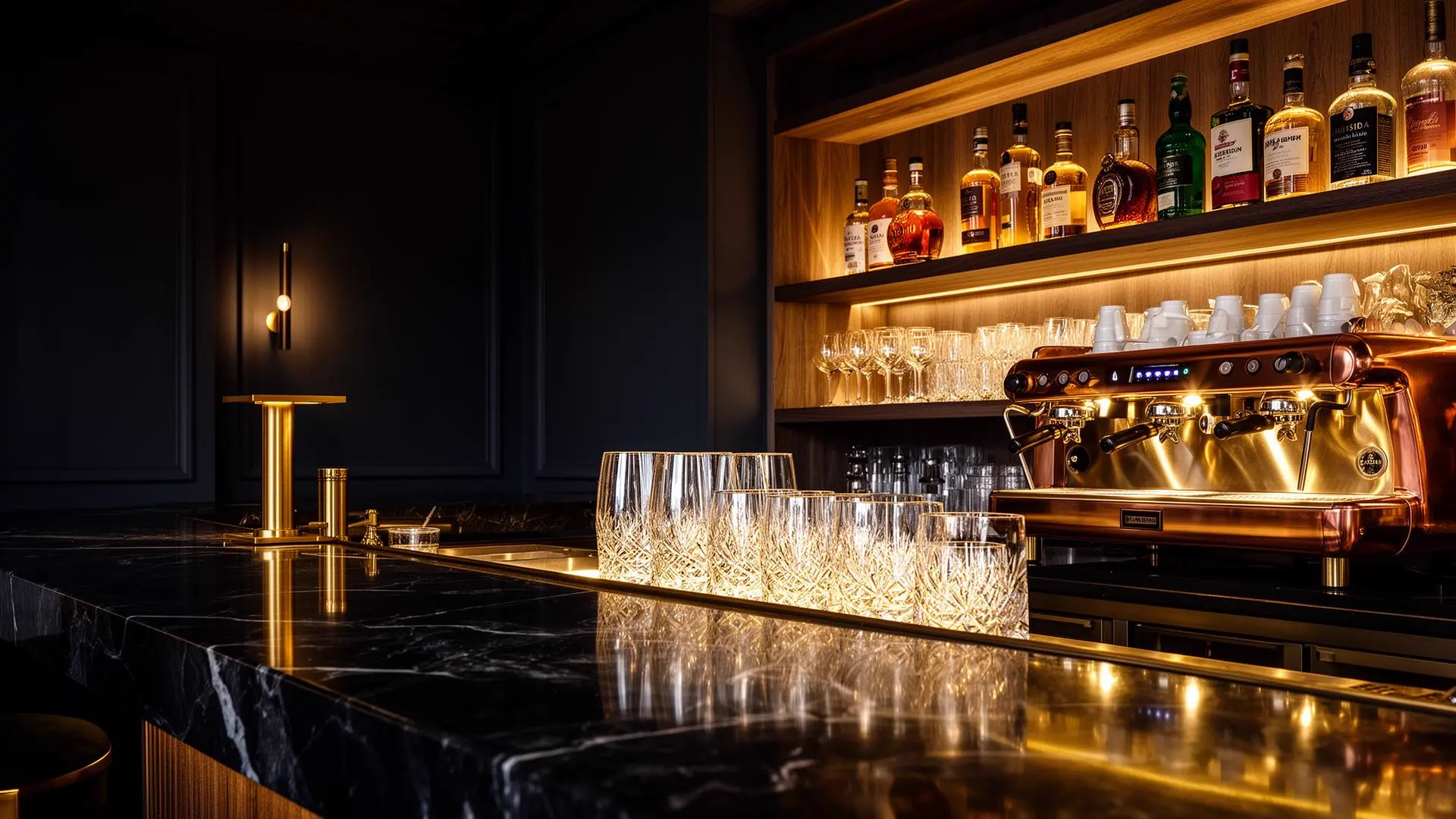 Comptoir de bar professionnel en marbre noir avec verrerie cristal et machine espresso cuivre